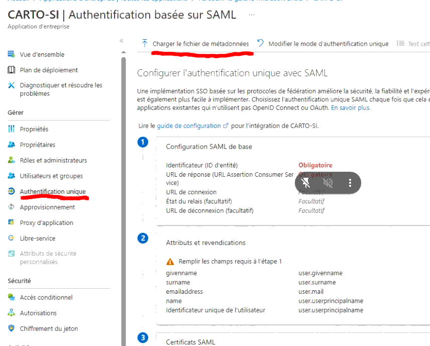 Interface d'import du fichier métadata