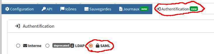 Interface de sélection de l'option SAML