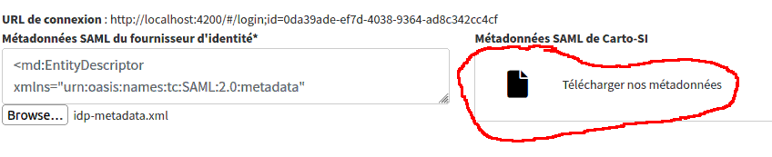 Interface de téléchargement du fichier metadata du fournisseur de service