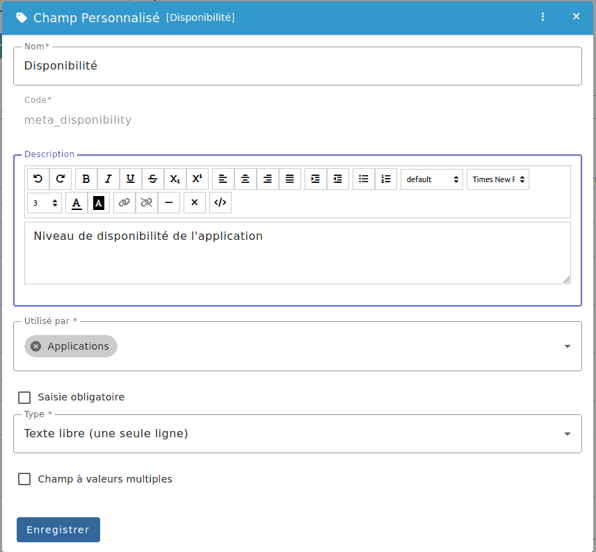 Affichage du champ Disponibilité dans l'interface graphique